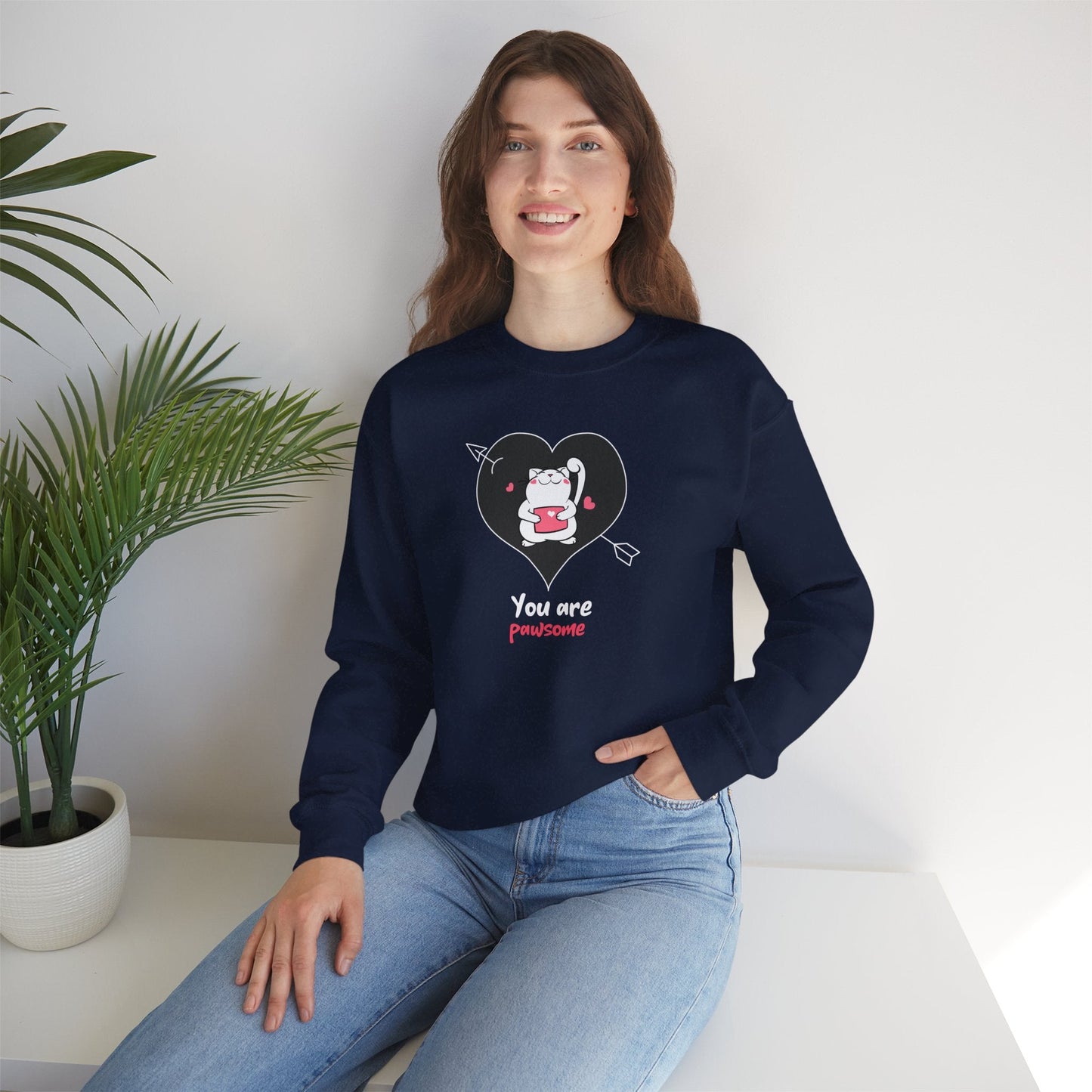 Cat Heart Sweatshirt Unisex Valentines Day Fifty Fifty Cotton Poly Crewneck Gildan 18000