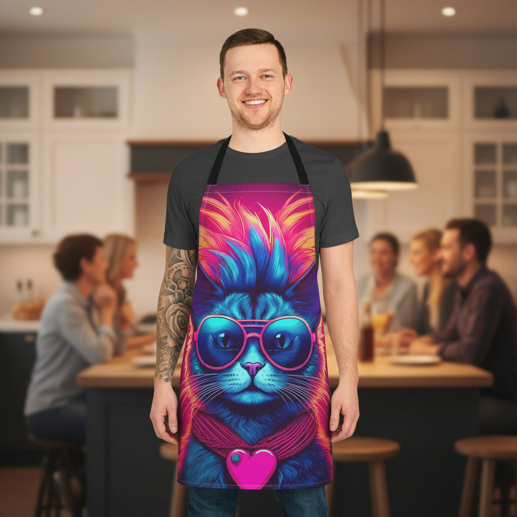 Neon Retro Cat Apron — Vibrant Sunglasses Cat Design, Colorful Kitchen Apron Stain-resistant 31.5 x 25.6 | Art Print Canvas Apron