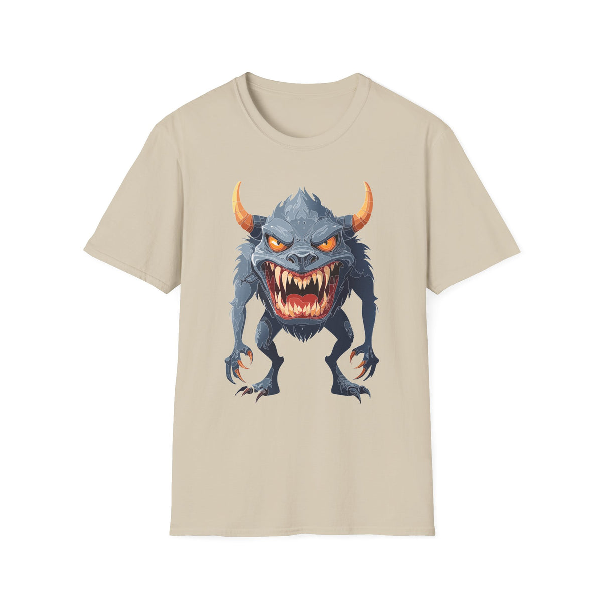 Demonic Monster Graphic T-Shirt — Fierce Horned Creature Cartoon Graphic Tee Unisex 100 Cotton Gildan T-Shirt