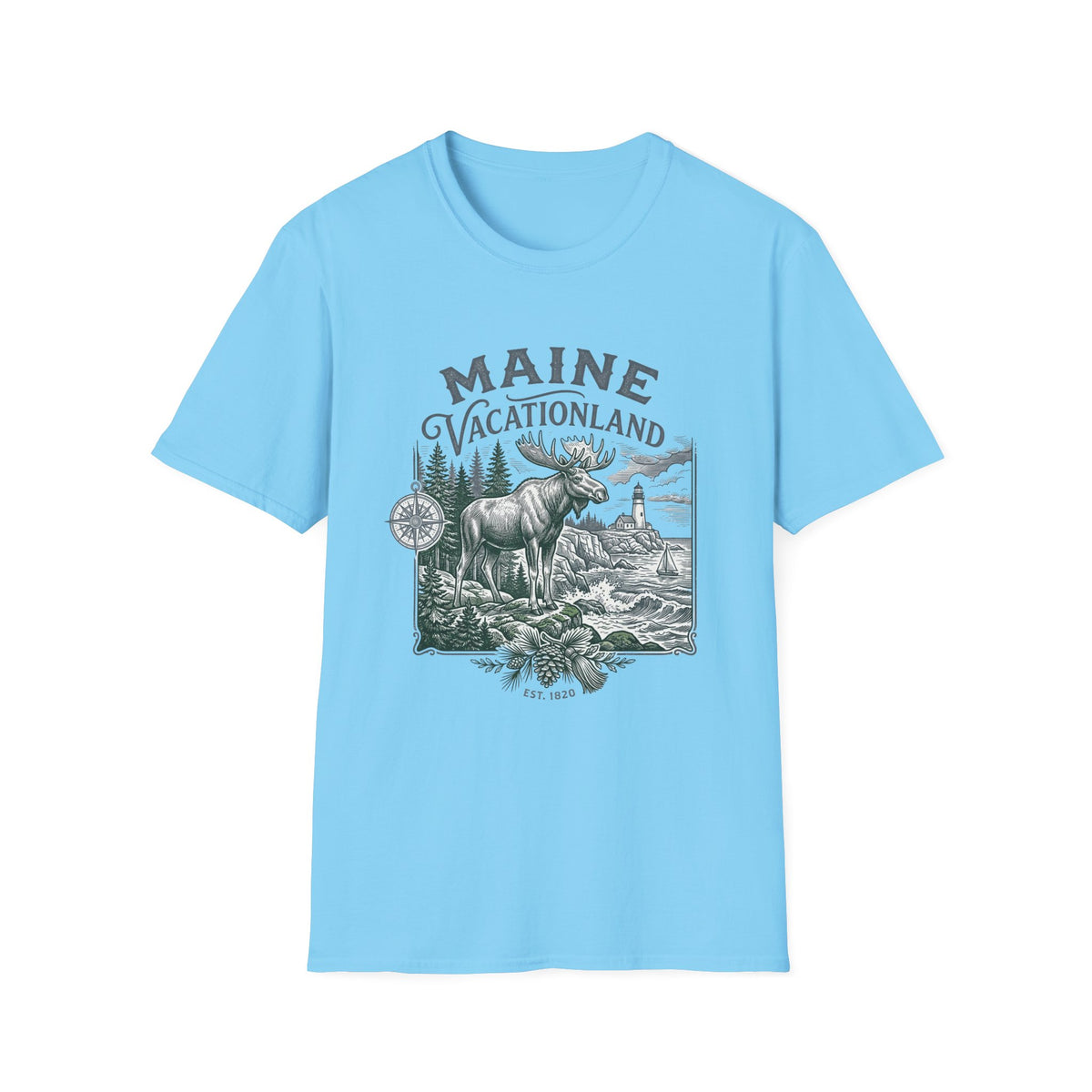 Maine Vacationland T-Shirt – Vintage Moose, Lighthouse State Travel Travel Tourist Graphic Design Unisex 100 Cotton Gildan T-Shirt