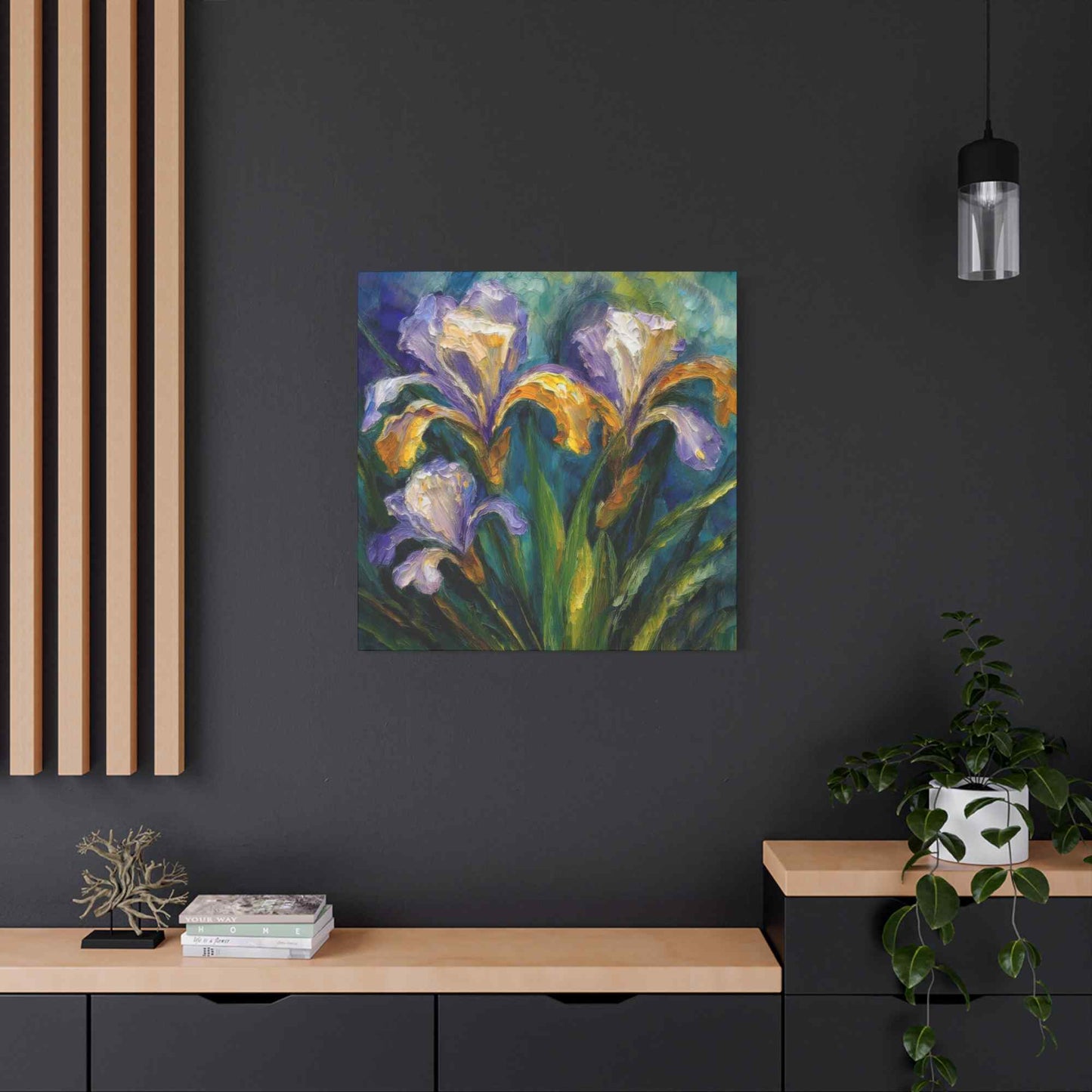 Irises Floral Print Canvas, Floral Oil Paint Print 20x20, 24x24, 30x30, 32x32, 36x36 Art Design Pine-Wood Inner Frame MC-183