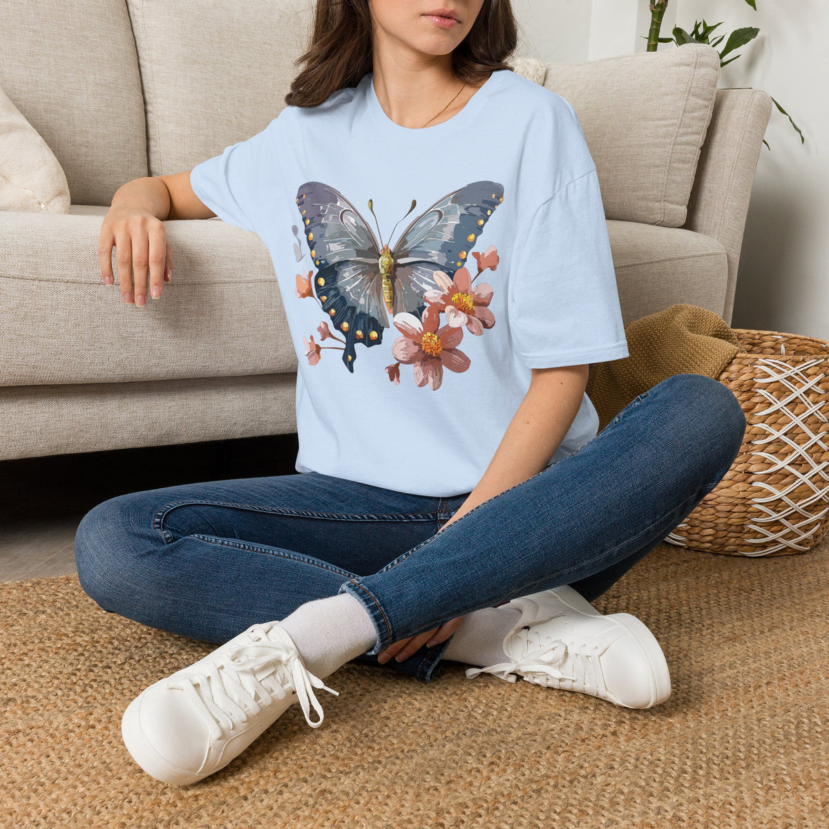 Butterfly and Floral Botanical Graphic Design Unisex 100 Cotton Gildan T-Shirt