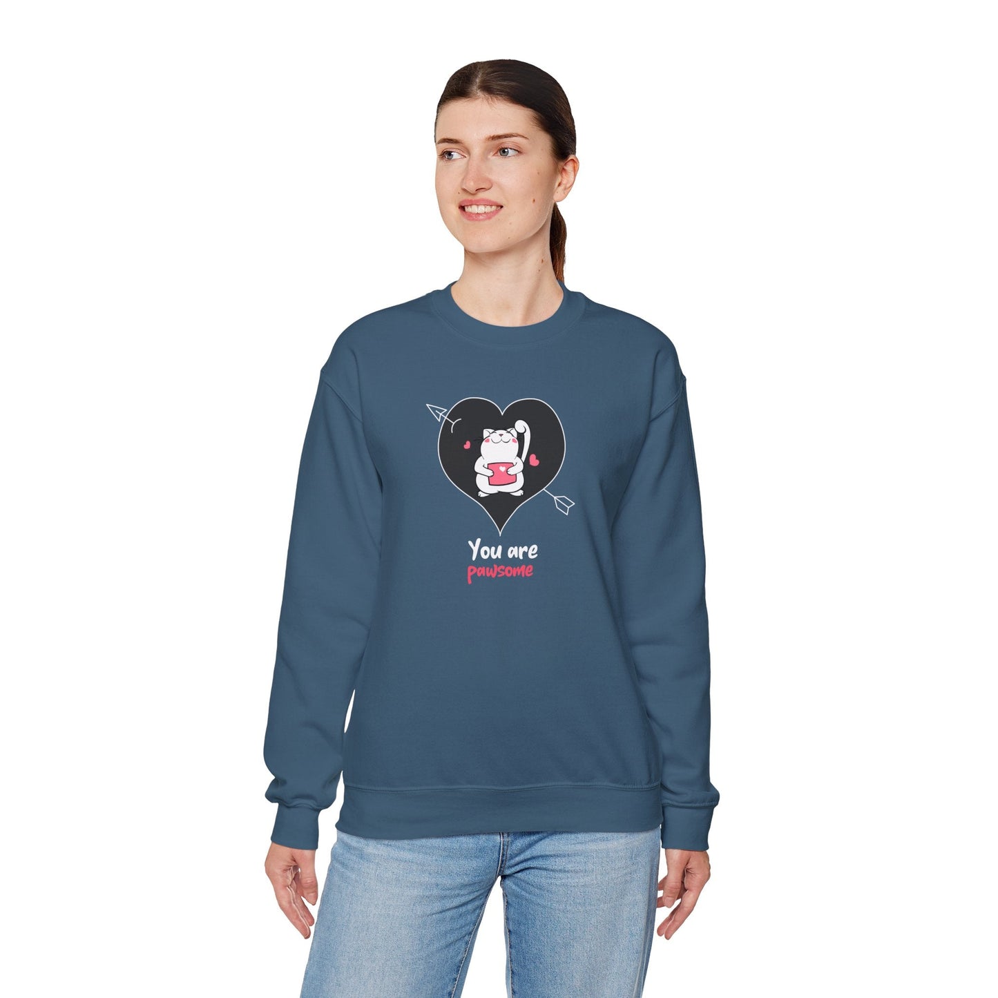 Cat Heart Sweatshirt Unisex Valentines Day Fifty Fifty Cotton Poly Crewneck Gildan 18000