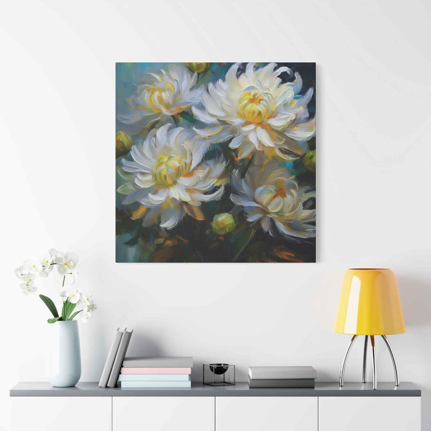 Chrysanthemums Print Canvas, Floral Oil Paint Print 20x20, 24x24, 30x30, 32x32, 36x36 Art Design Pine-Wood Inner Frame MC-159