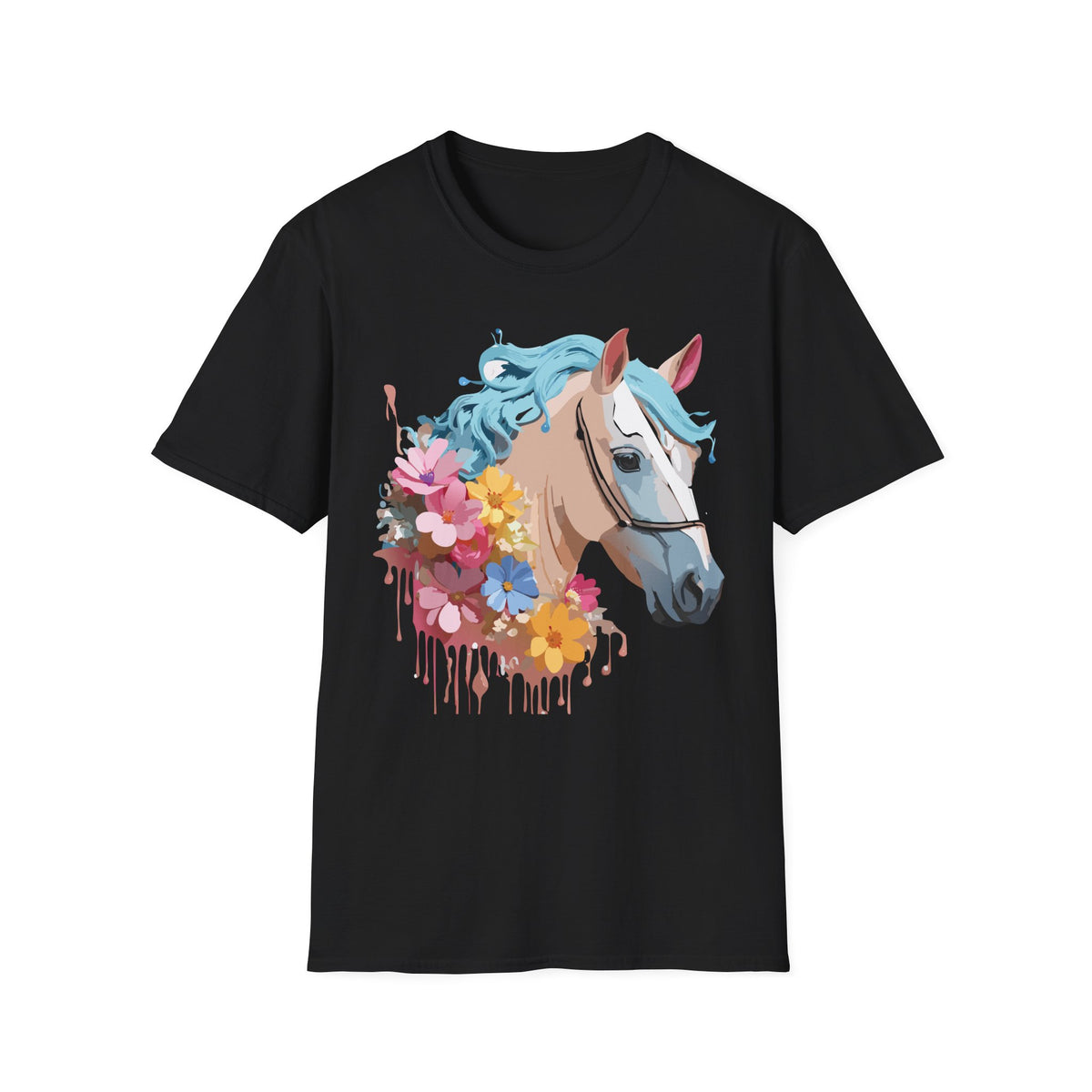 Floral Horse Illustration T-Shirt | Pastel Blue Mane, Watercolor Flowers