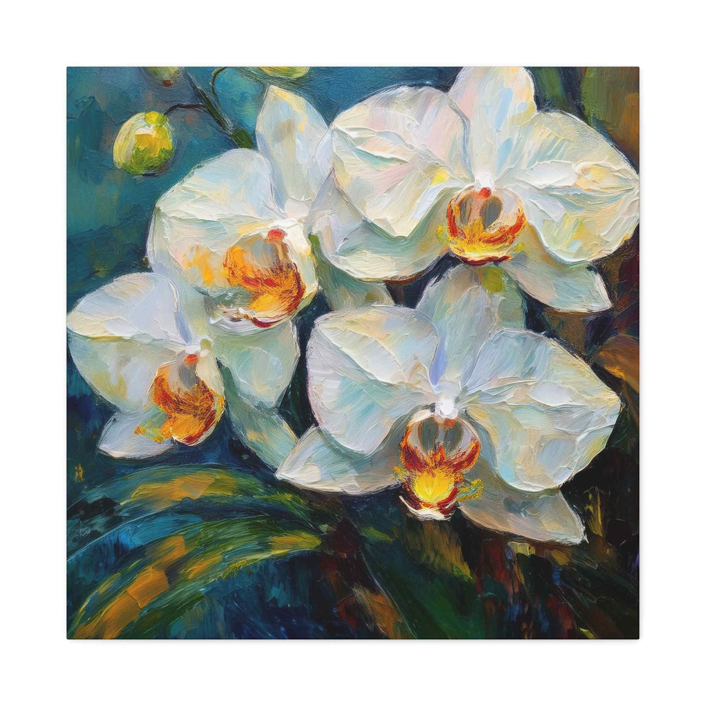 White Orchids Print Canvas, Floral Oil Paint Print 20x20, 24x24, 30x30, 32x32, 36x36 Art Design Pine-Wood Inner Frame MC-135