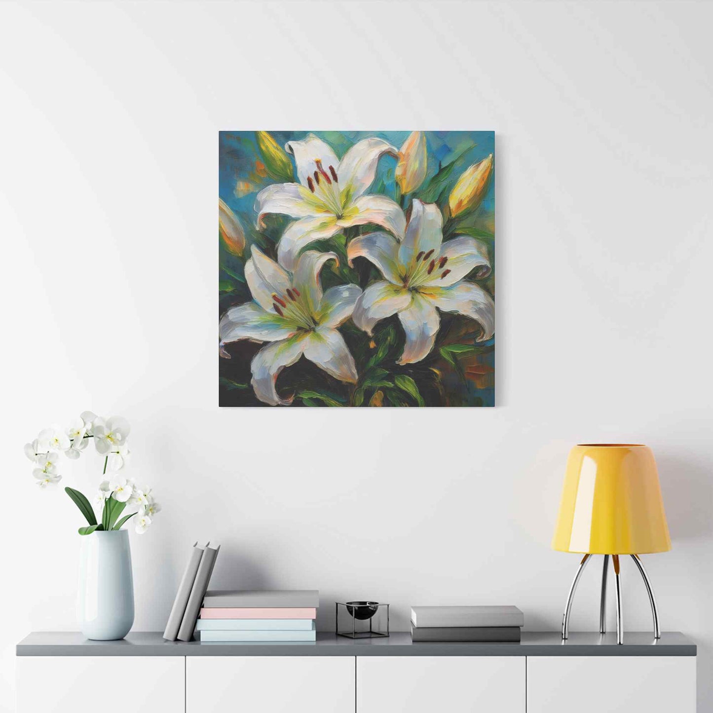 White Lilies Print Canvas, Floral Oil Paint Print 20x20, 24x24, 30x30, 32x32, 36x36 Art Design Pine-Wood Inner Frame MC-154