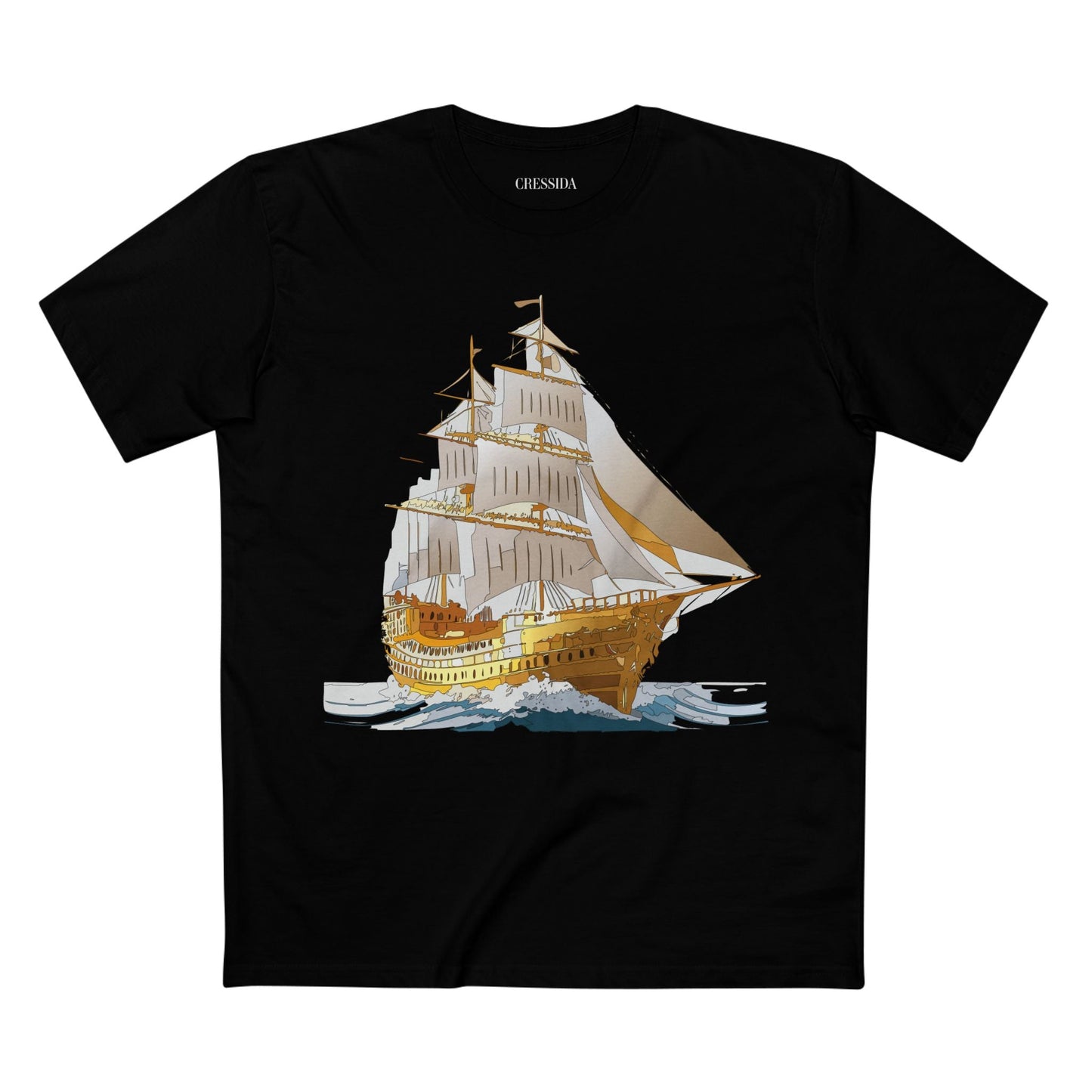 Ship Graphic Unisex 100 Cotton T-Shirt with Gold Frigate Art Design 22