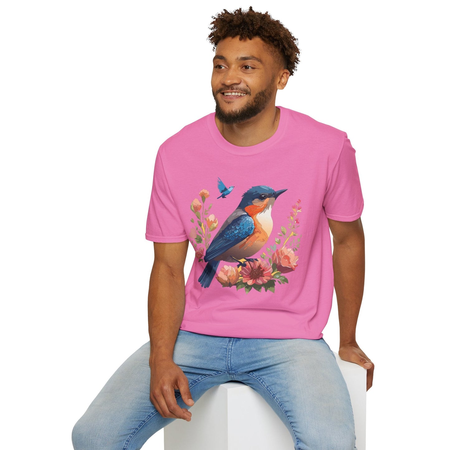 Unisex Floral Bird T Shirt Softstyle 64000 Gildan Ring Spun Cotton Tee Relaxed Fit