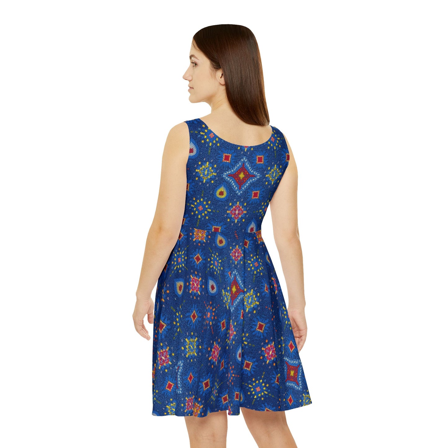 Women Diwali Denim Print Skater Dress, Denim Print Poly-Span Dress - 45
