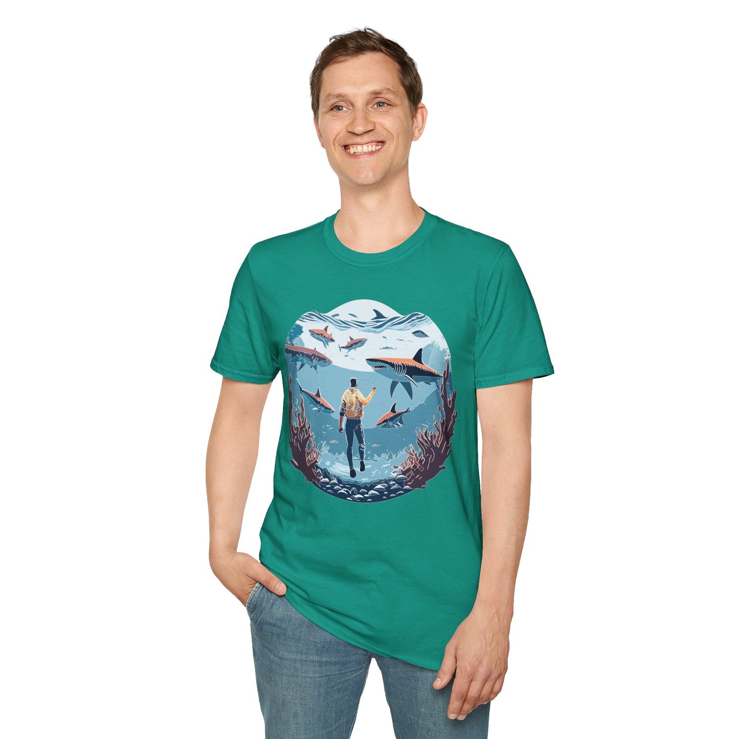 Ocean Theme Unisex Softstyle T Shirt 64000 Cotton Tee With Ocean Art Design Breathable