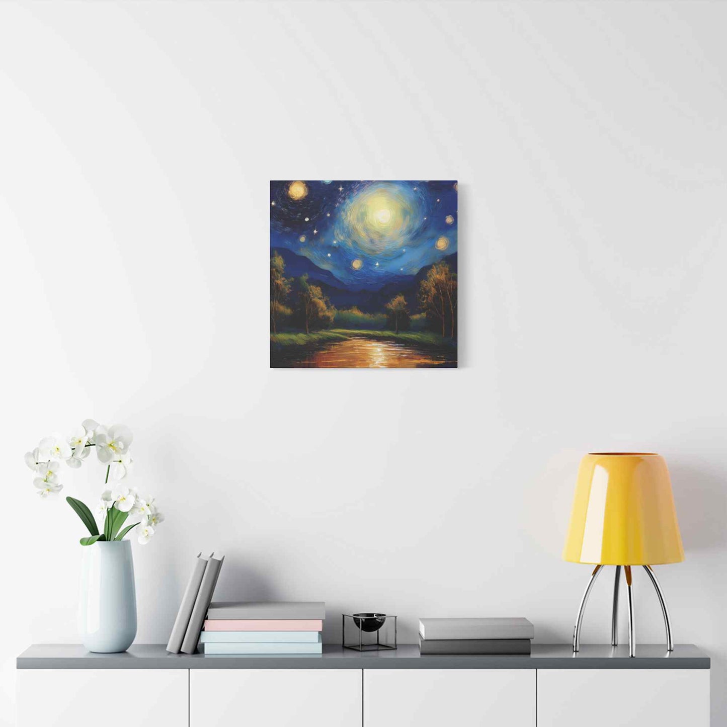 Starry Night Print Canvas, Oil Paint Print 20x20, 24x24, 30x30, 32x32, 36x36 Art Design Print Pine-Wood Inner Frame MC-38