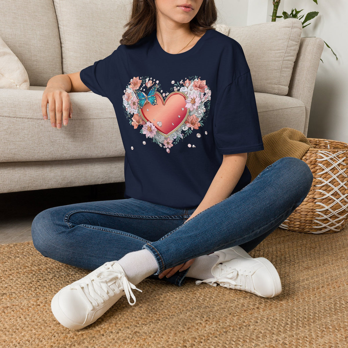 Butterfly Heart Floral Blue Butterfly Graphic Design Unisex 100 Cotton Gildan T-Shirt