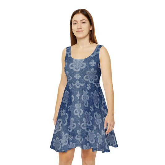 Women Denim Print Skater Dress, Denim Print Poly-Span Dress - 25