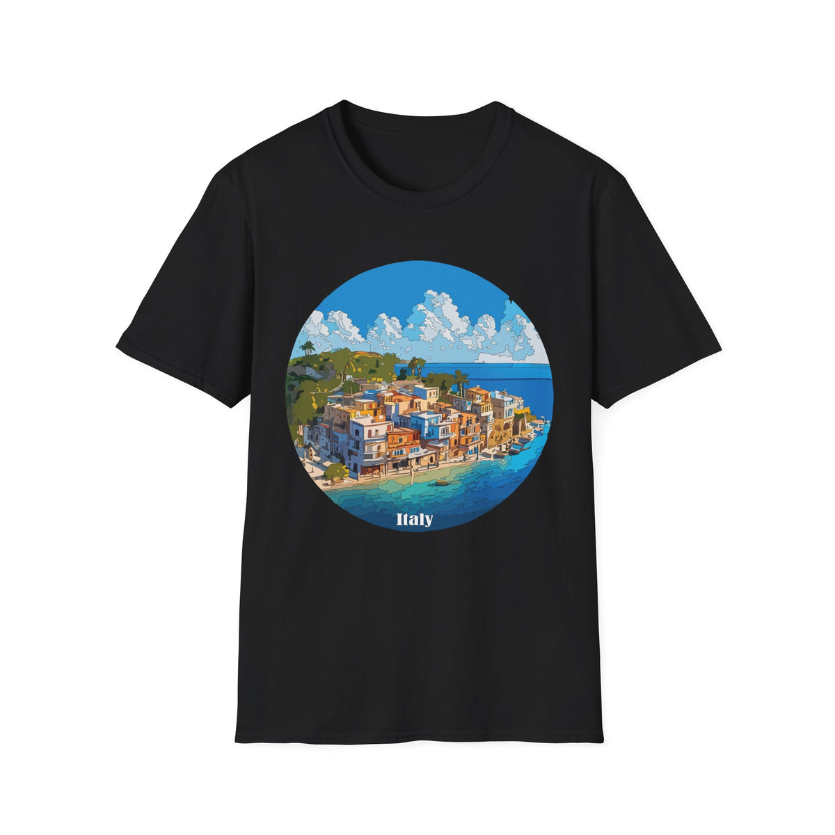 Coastal Italy Village Illustration T-Shirt | Mediterranean Seaside Graphic Tee