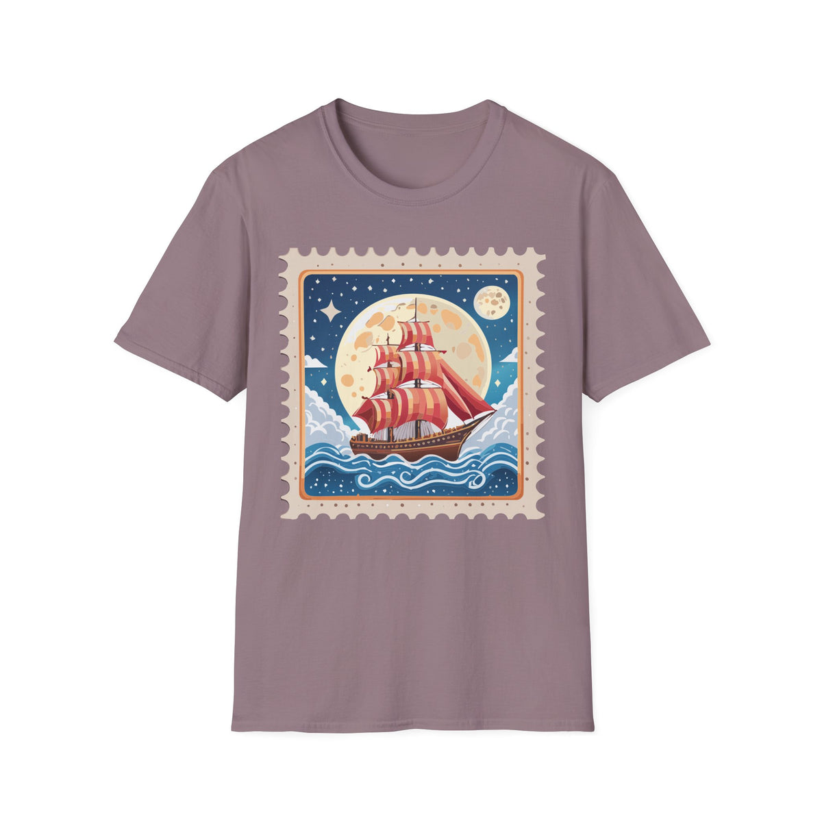 Red Sail Ship Moon Stamp T-Shirt | Nautical Vintage Illustration