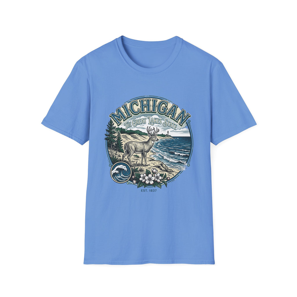 Michigan Deer Scenic T-Shirt — Vintage Great Lakes Travel Tourist Graphic Design Unisex 100 Cotton Gildan T-Shirt
