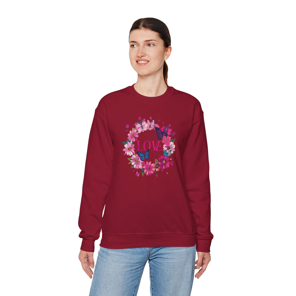 Unisex Floral Love Sweatshirt, Love Floral Sweatshirt, Floral Butterfly Sweatshirt, 50/50 Cotton-Poly Valentine's Day Sweatshirt 04