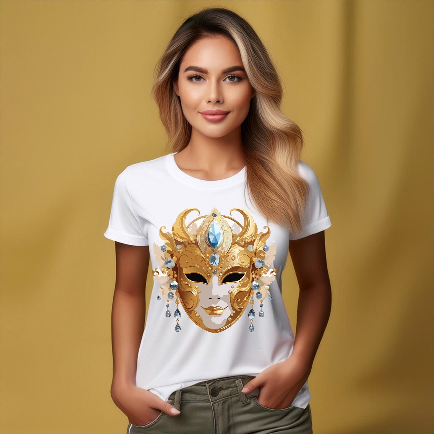 Carnival Mask Graphic T-Shirt Unisex 100 Cotton With Antique Gold Art Design Tee 22