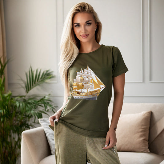 Ship Graphic Unisex 100 Cotton T-Shirt with Gold Frigate Art Design 21