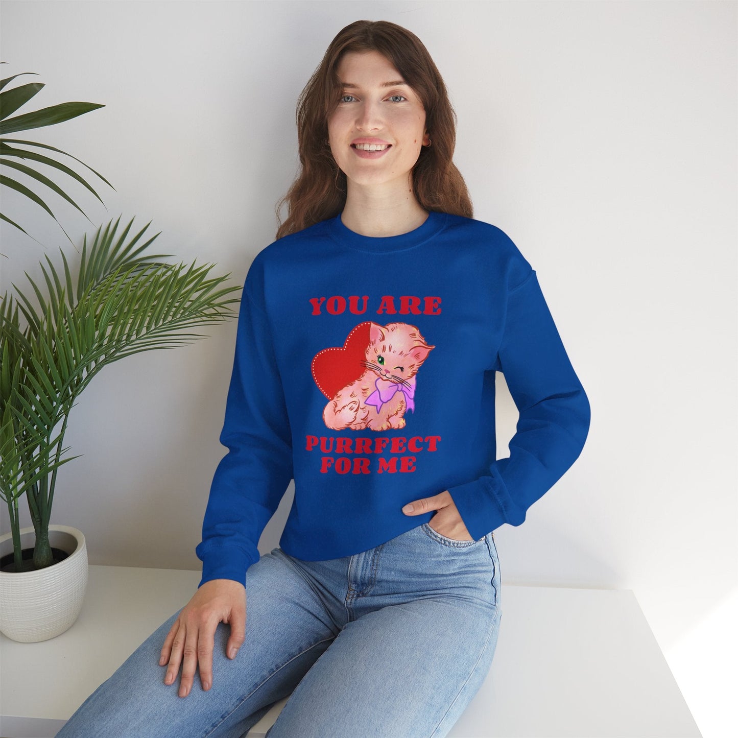 Cat Heart Sweatshirt Unisex Valentines Day Fifty Fifty Cotton Poly Blend Crewneck