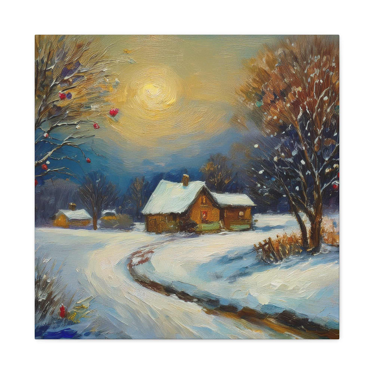 Countryside Winter Print Canvas, Oil Paint Print 20x20, 24x24, 30x30, 32x32, 36x36 Art Design Pine-Wood Inner Frame MC-112