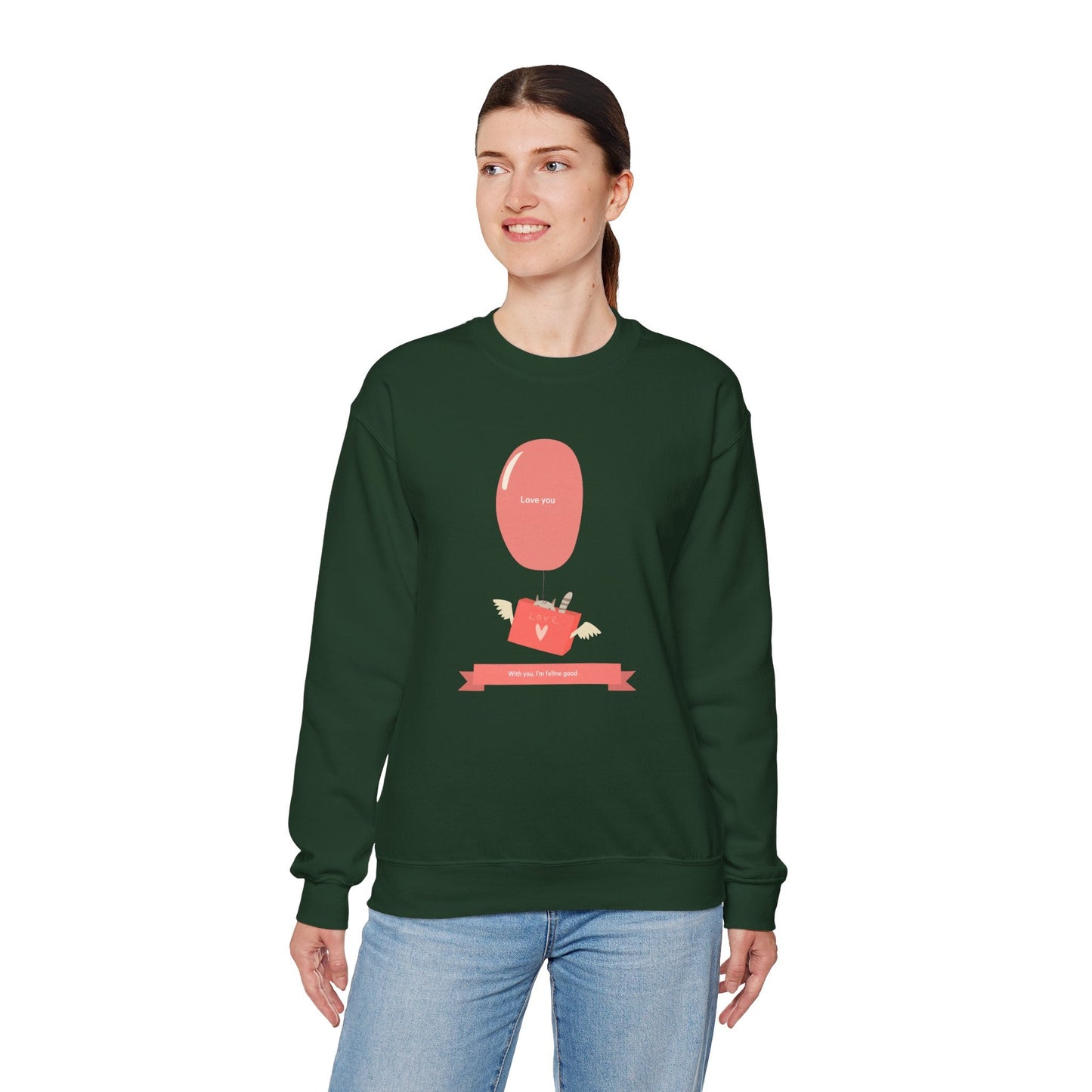 Cat Love Balloon Sweatshirt Unisex Fifty Fifty Cotton Poly Valentine Heavy Blend Crewneck Sweatshirt