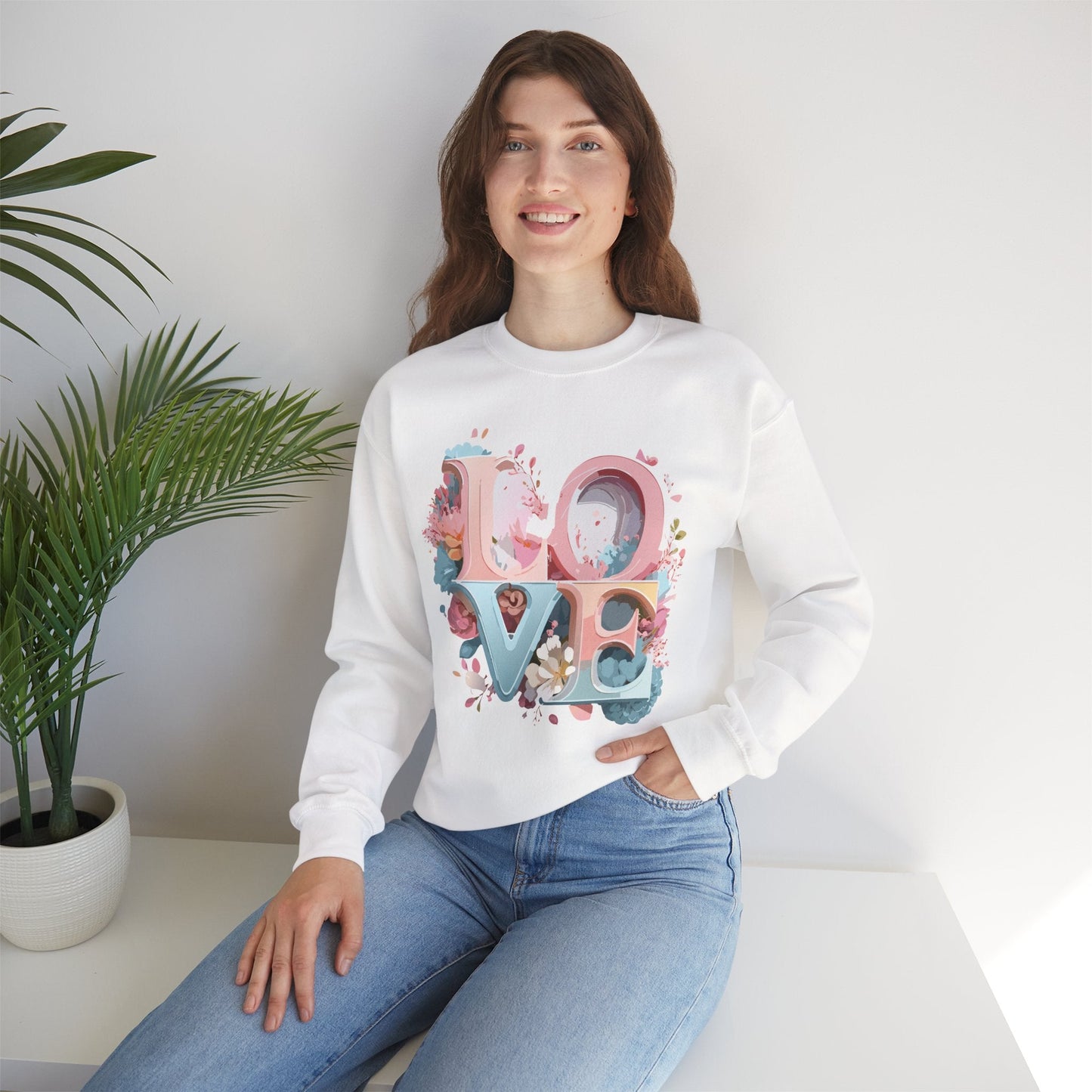 Floral Love Sweatshirt Unisex Crewneck Valentine Day Gift Gildan 18000 Fifty Fifty Cotton Blend