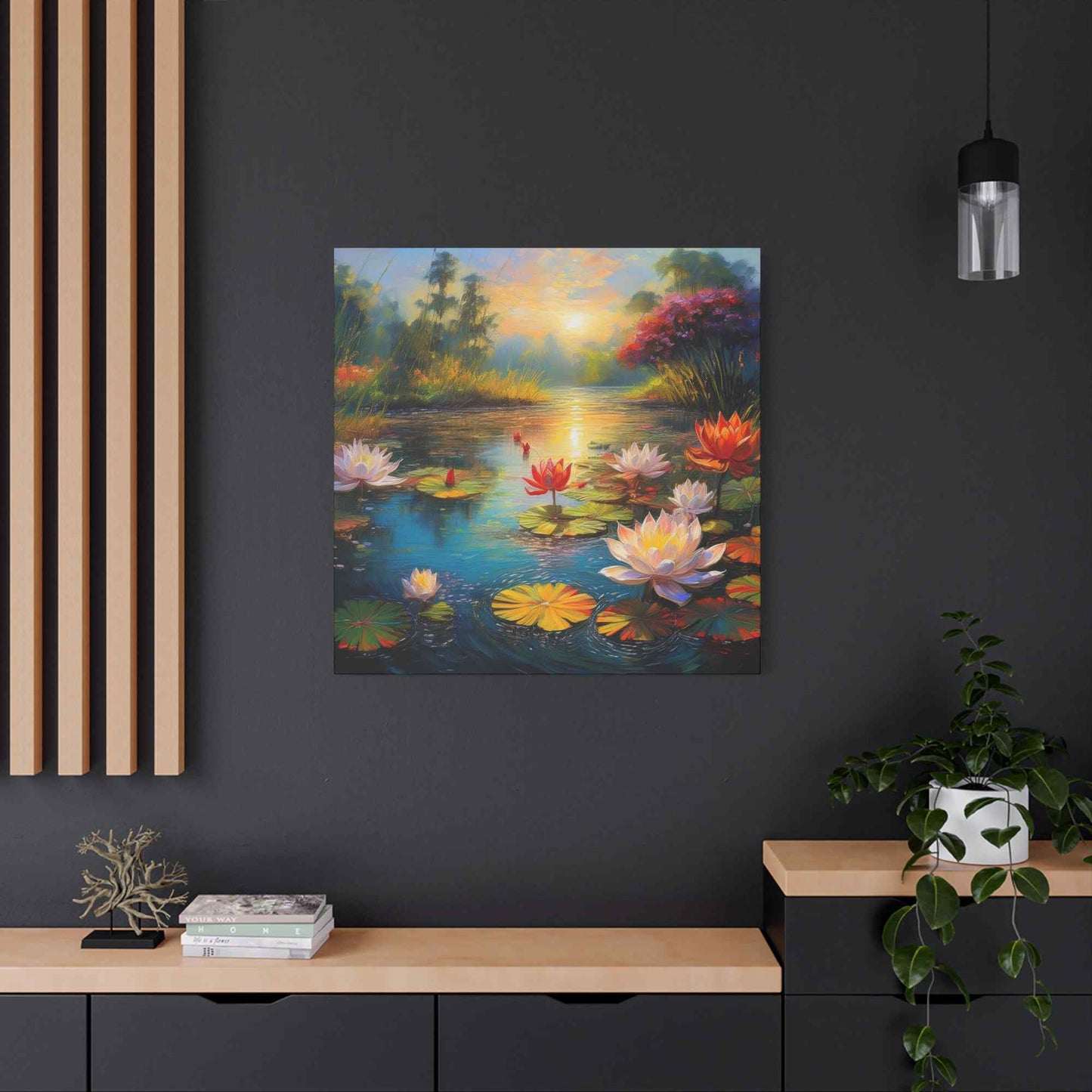 Water Lilies Print Canvas, Oil Paint Print 20x20, 24x24, 30x30, 32x32, 36x36 Floral Art Print Pine-Wood Inner Frame MC-67