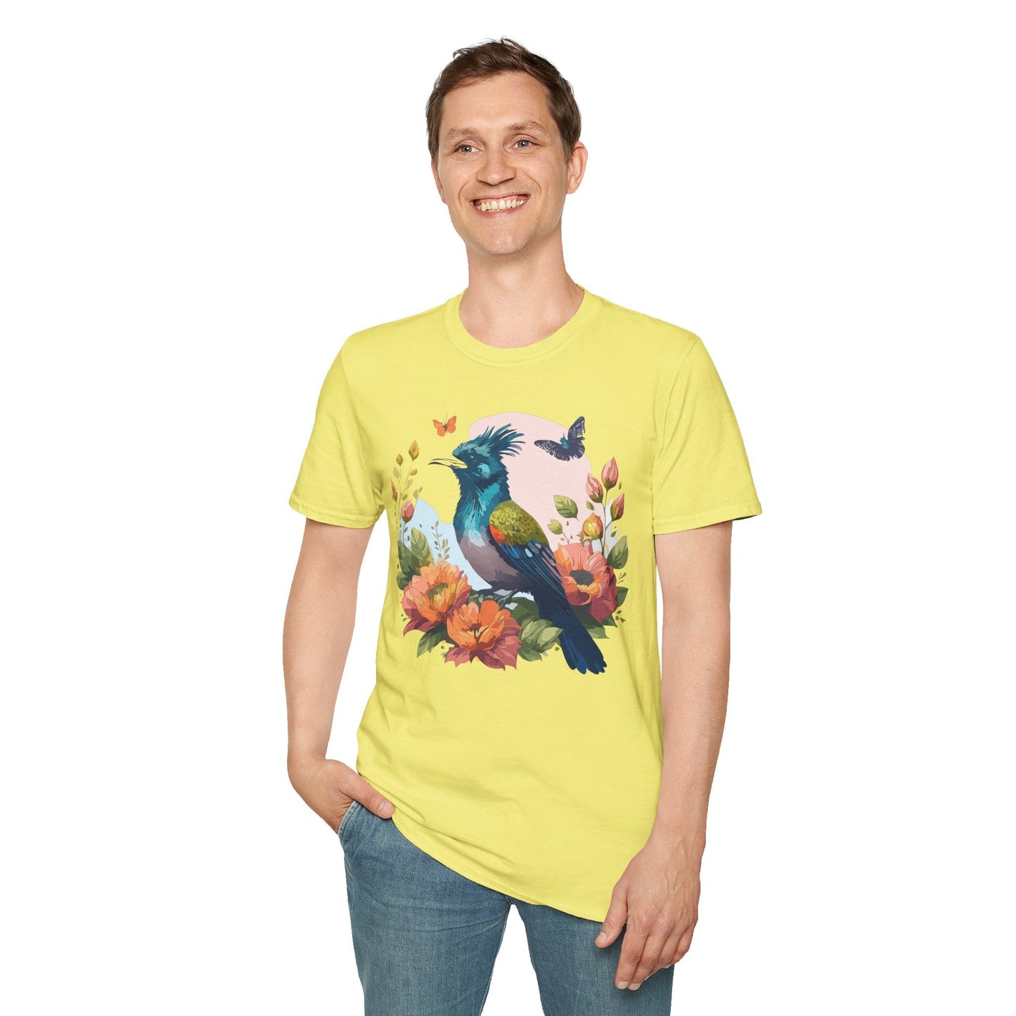 Floral Bird T Shirt Unisex Tee 100 Percent Ring Spun Cotton Softstyle Gildan 64000 Comfort Fit
