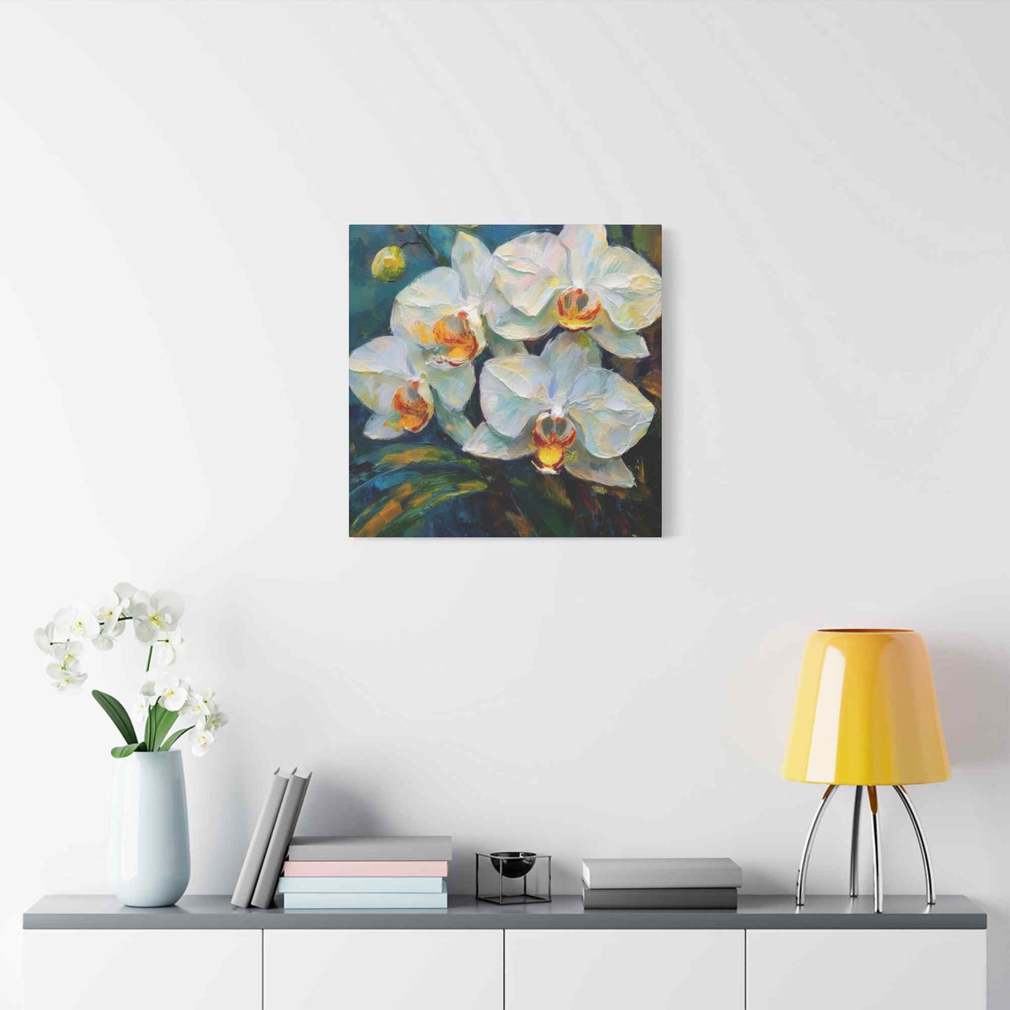 White Orchids Print Canvas, Floral Oil Paint Print 20x20, 24x24, 30x30, 32x32, 36x36 Art Design Pine-Wood Inner Frame MC-135