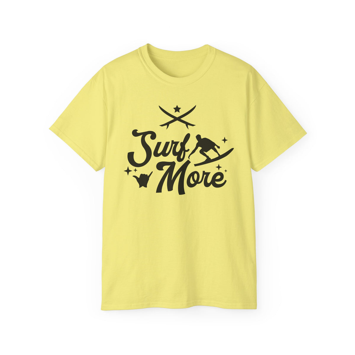 Surf More surfboard graphic Tee | surfer silhouette, waves, retro script