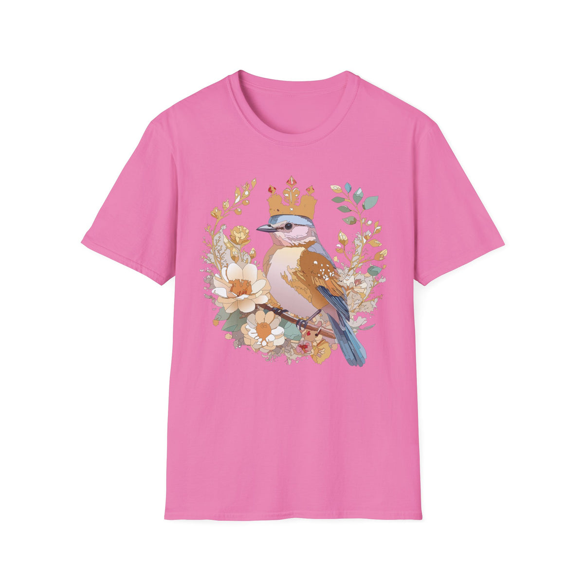 Crowned Blue Jay Bird Floral Illustration T-Shirt | Nature Bird Tee