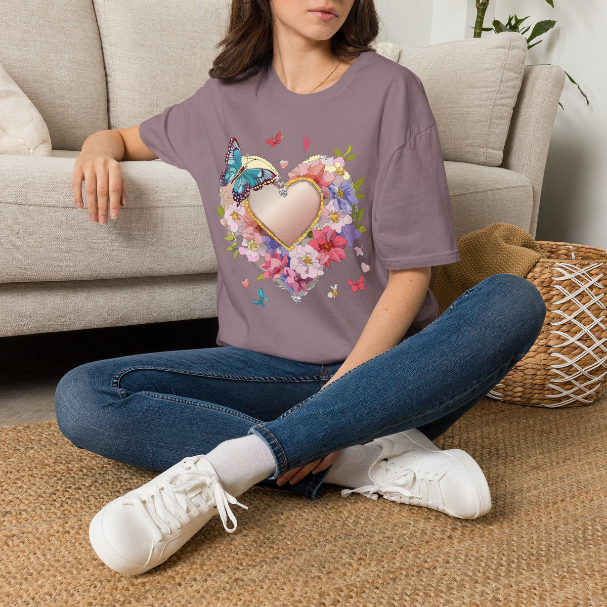 Butterfly Floral Heart Pink Gold Heart with Flowers and Butterflies Graphic Design Unisex 100 Cotton Gildan T-Shirt
