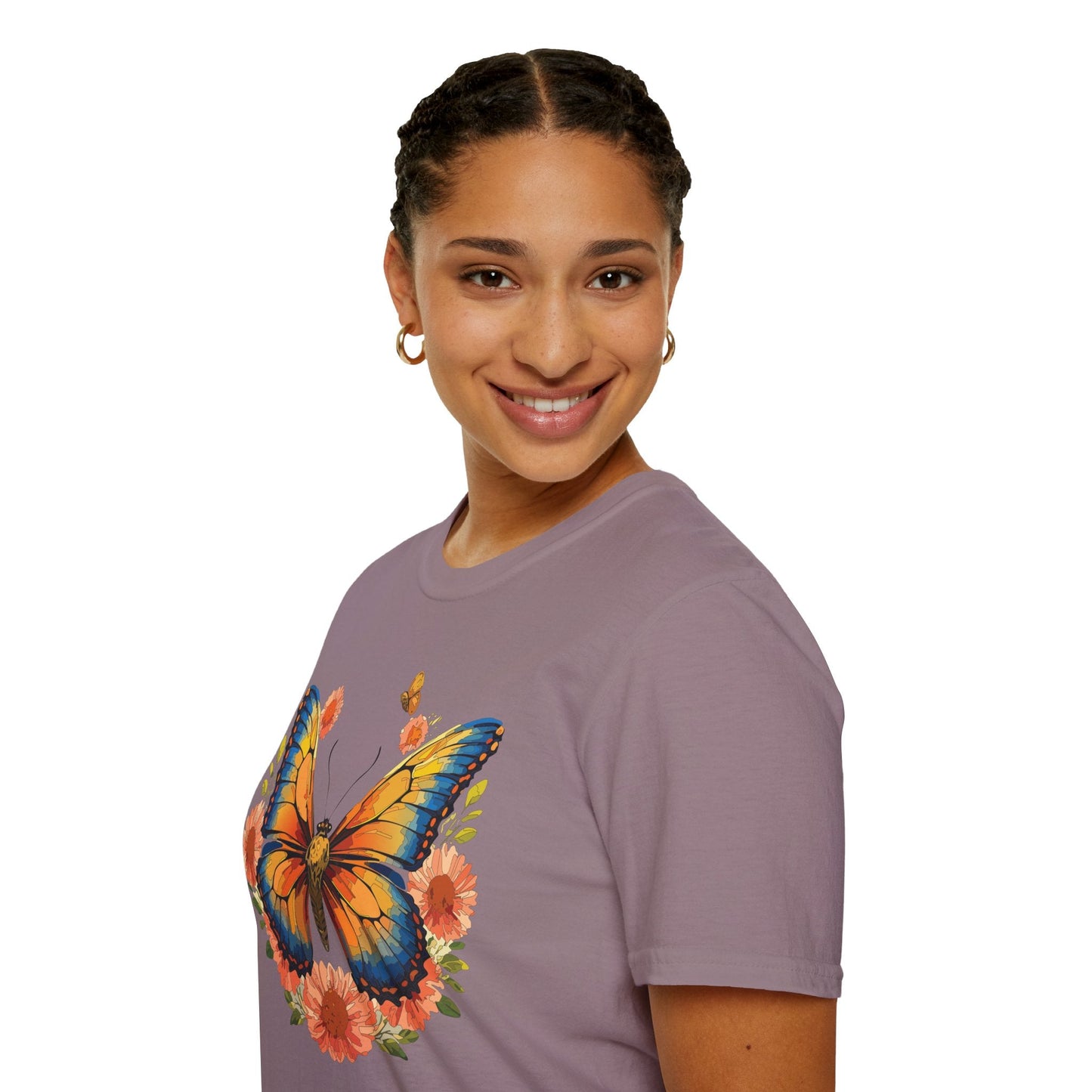 Butterfly T Shirt Unisex Softstyle Gildan 64000 Monarch Print 100 Percent Ring Spun Cotton