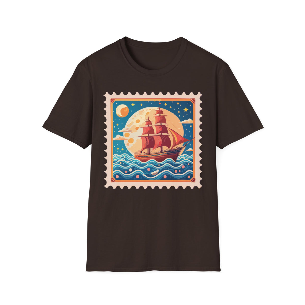 Vintage Sailing Ship Stamp T-Shirt | Retro Moon Ocean Illustration