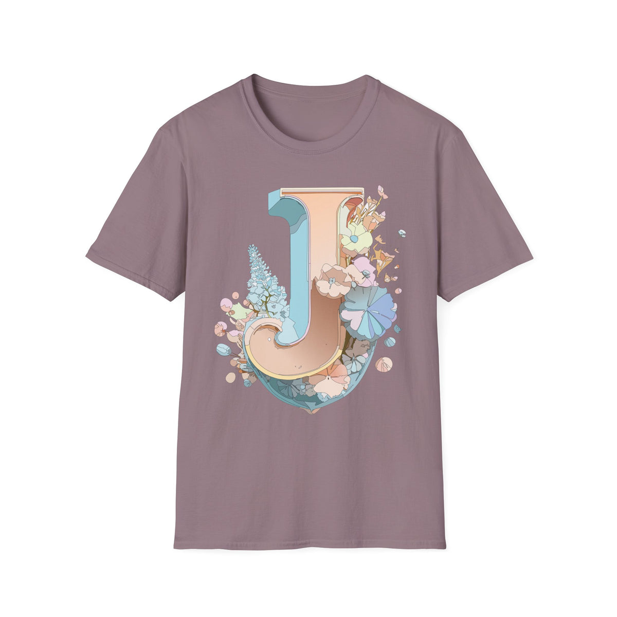 Floral Letter J T-Shirt | Monogram Initial Tee, Pastel Botanical Typography
