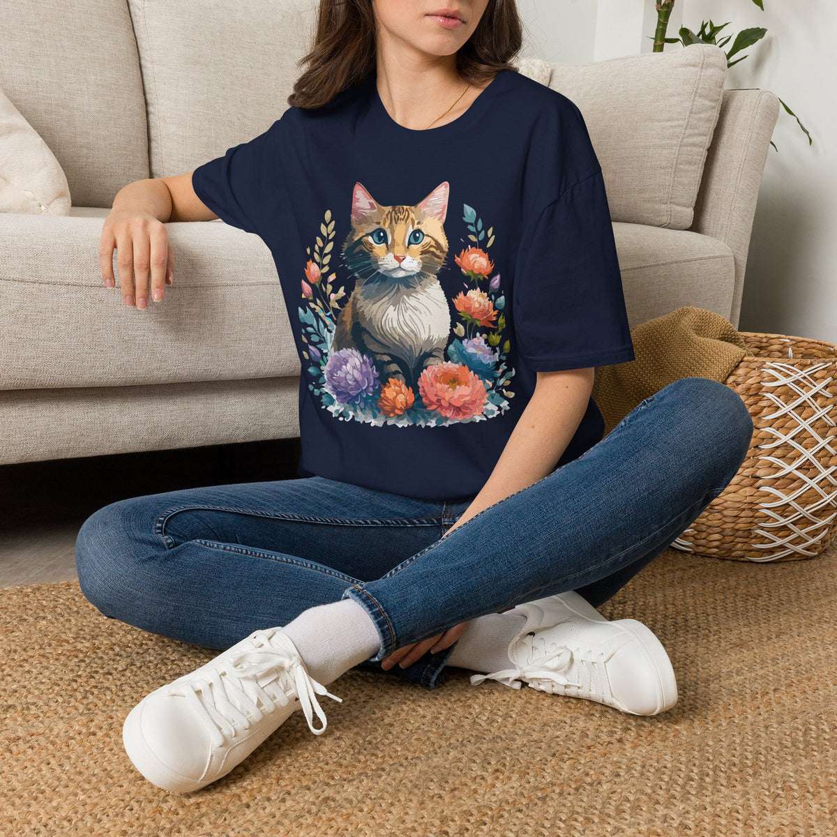Watercolor Cat Portrait T-Shirt | Floral Kitty Illustration