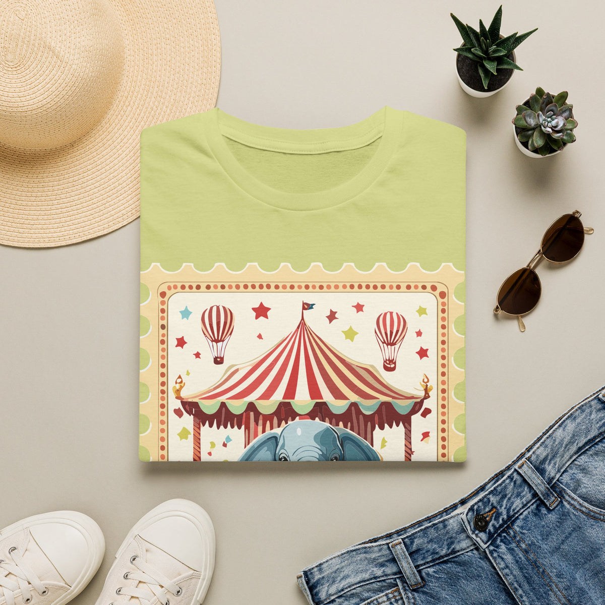 Vintage Circus Elephant T-Shirt | Carnival Tent, Hot Air Balloons Graphic Tee Unisex 100 Cotton Gildan T-Shirt