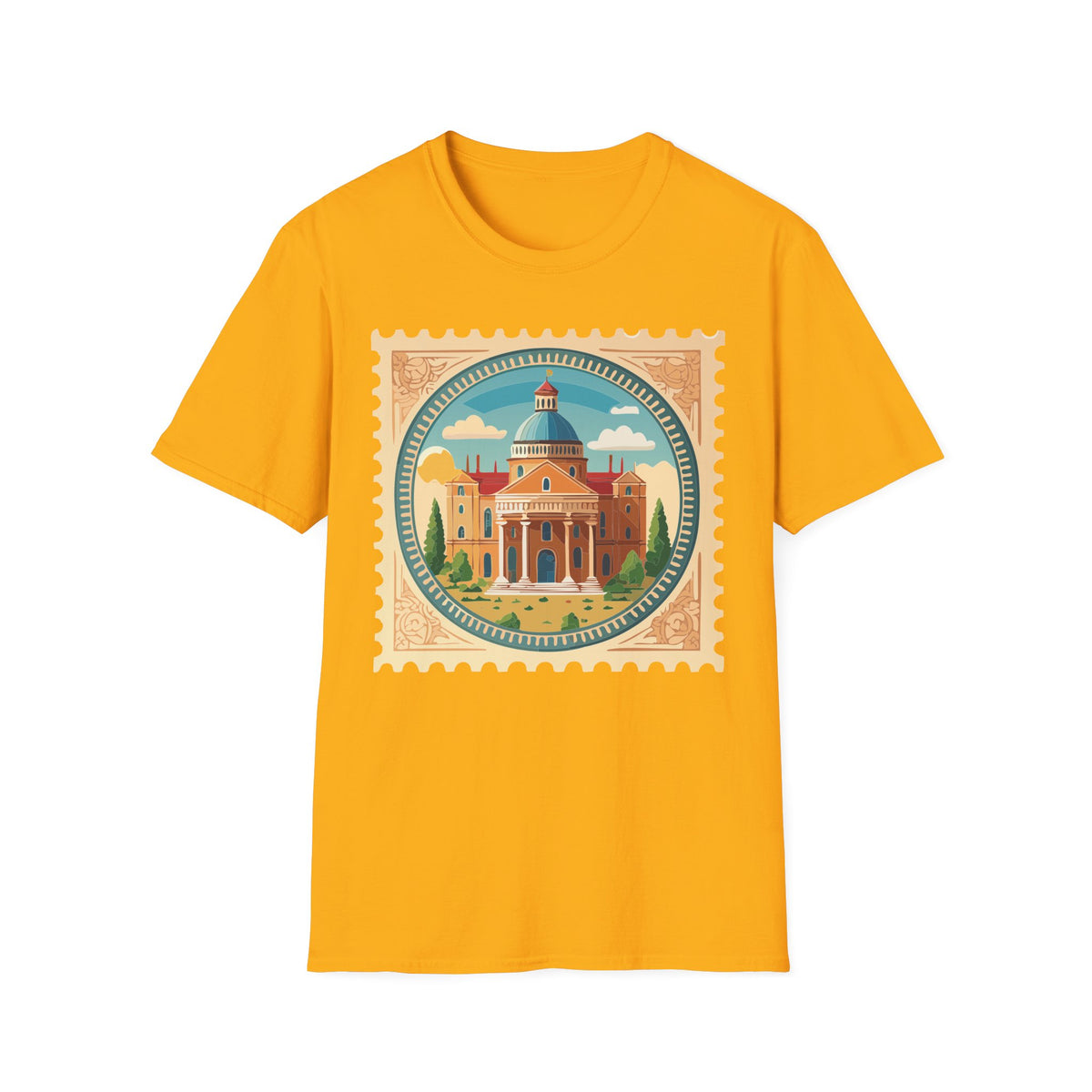 Vintage Postage Stamp Cityscape T-Shirt | Retro Basilica Graphic Tee Unisex 100 Cotton Gildan T-Shirt