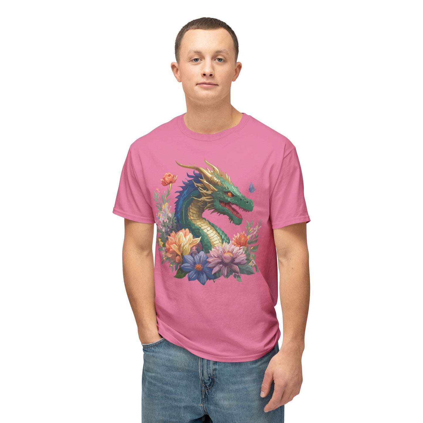 Dragon Art Tee Shirt Unisex Floral Print Cotton Tee USA Made
