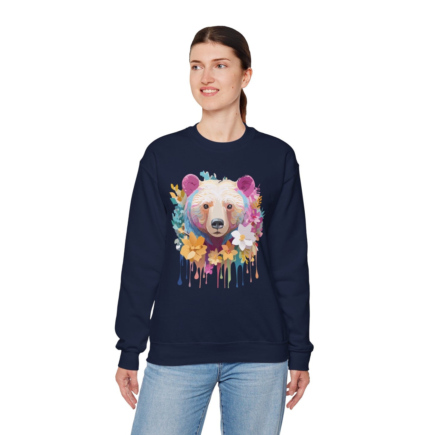 Unisex Floral Bear Sweatshirt With Art Design Gildan 18000 Crewneck
