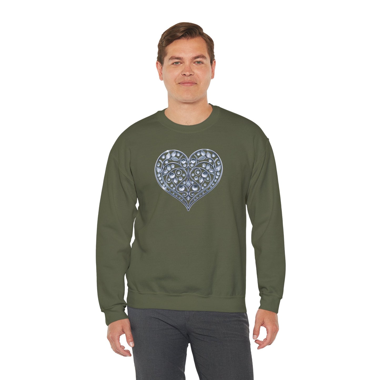 Big Crystal Heart Sweatshirt Unisex Fifty Fifty Cotton Poly Crewneck Valentines Day Sweatshirt