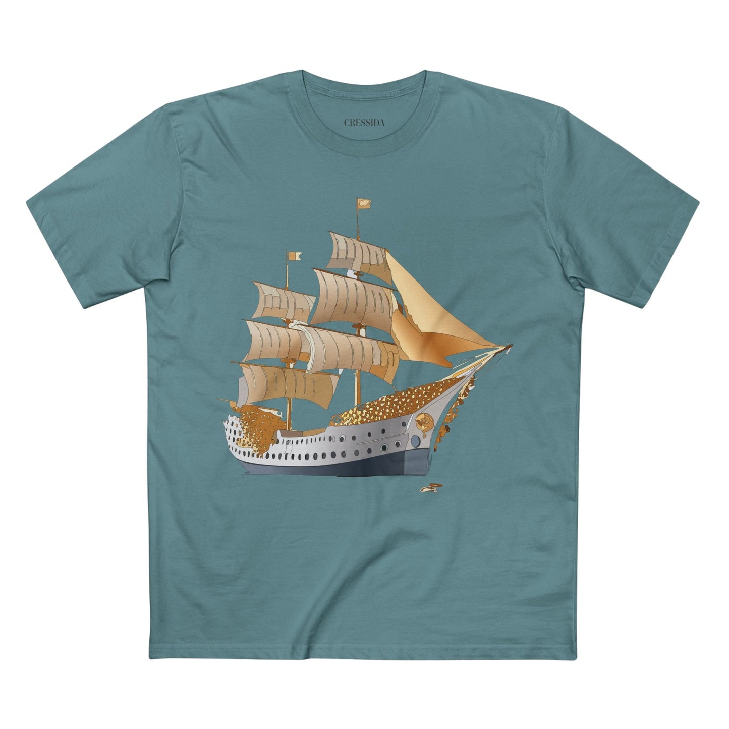 Ship Graphic Unisex 100 Cotton T-Shirt with Gold Frigate Art Design 25