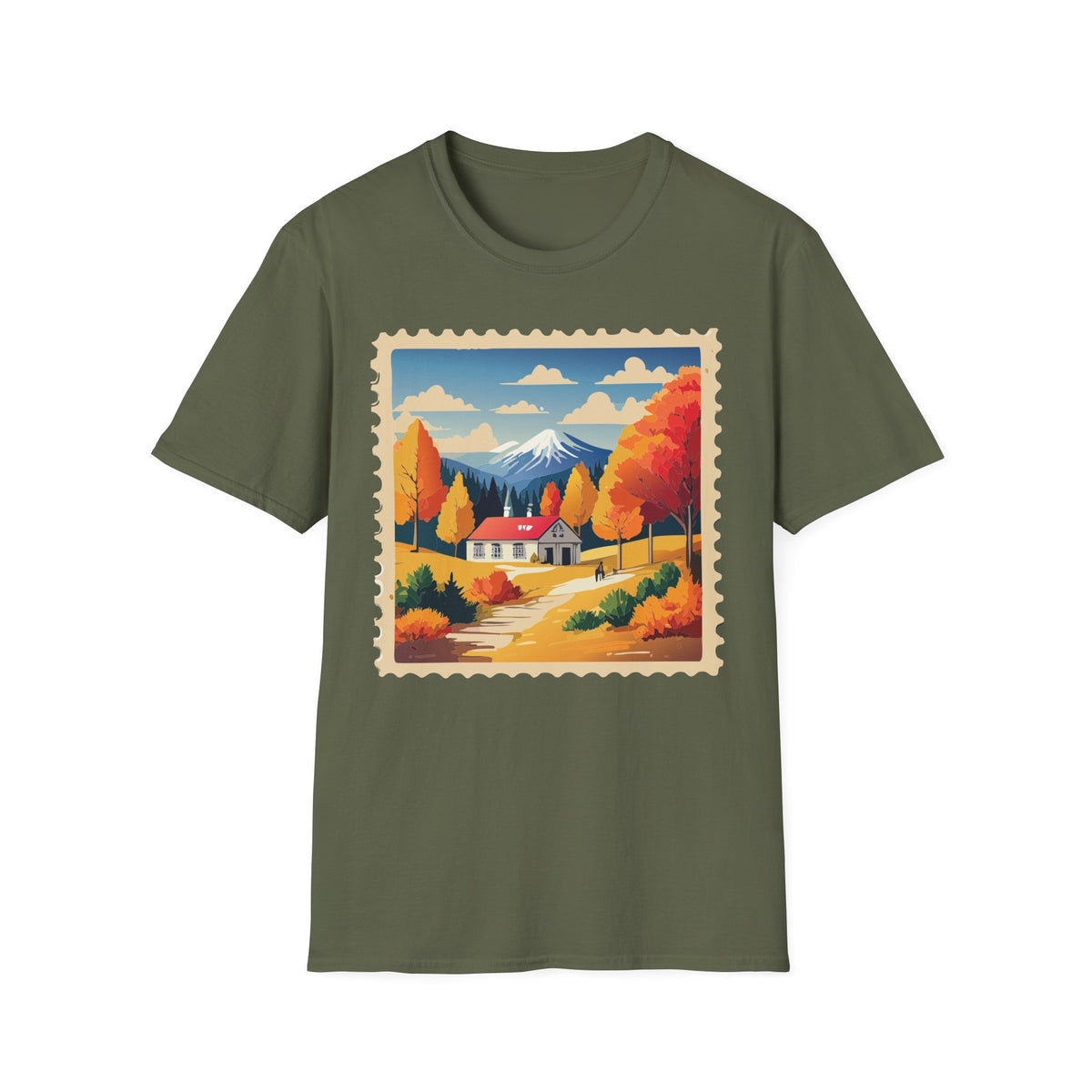 Autumn Mountain Cabin T-Shirt | Fall Landscape Stamp Art