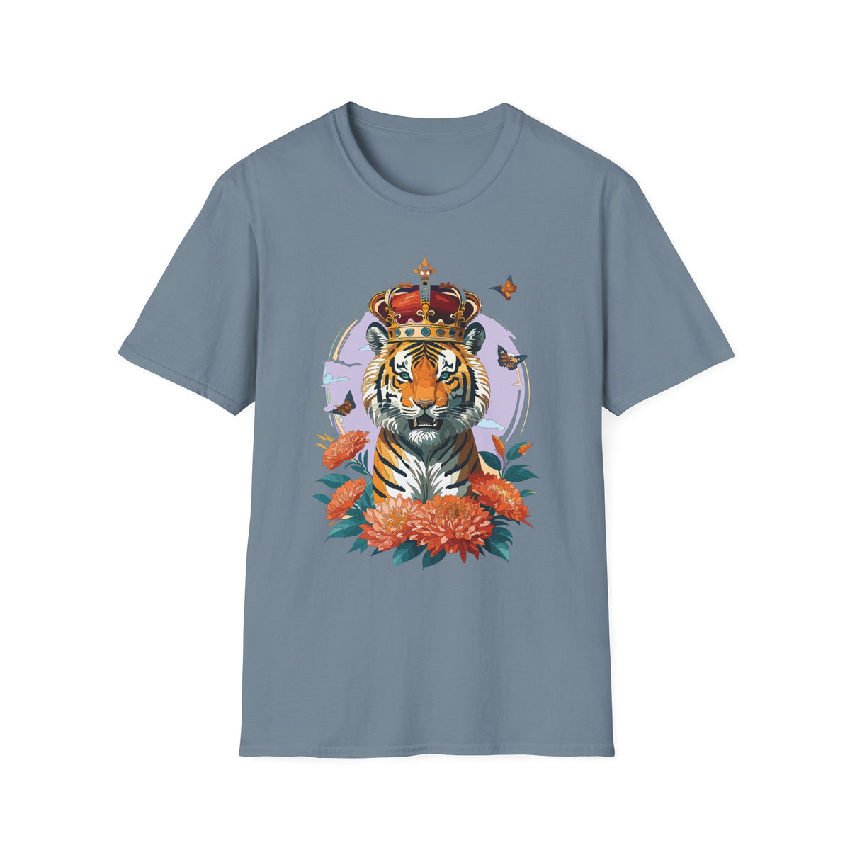 Tiger with Crown T-Shirt | Regal Tiger Artwork, Floral Accents - Unisex 100 Cotton Gildan 64000