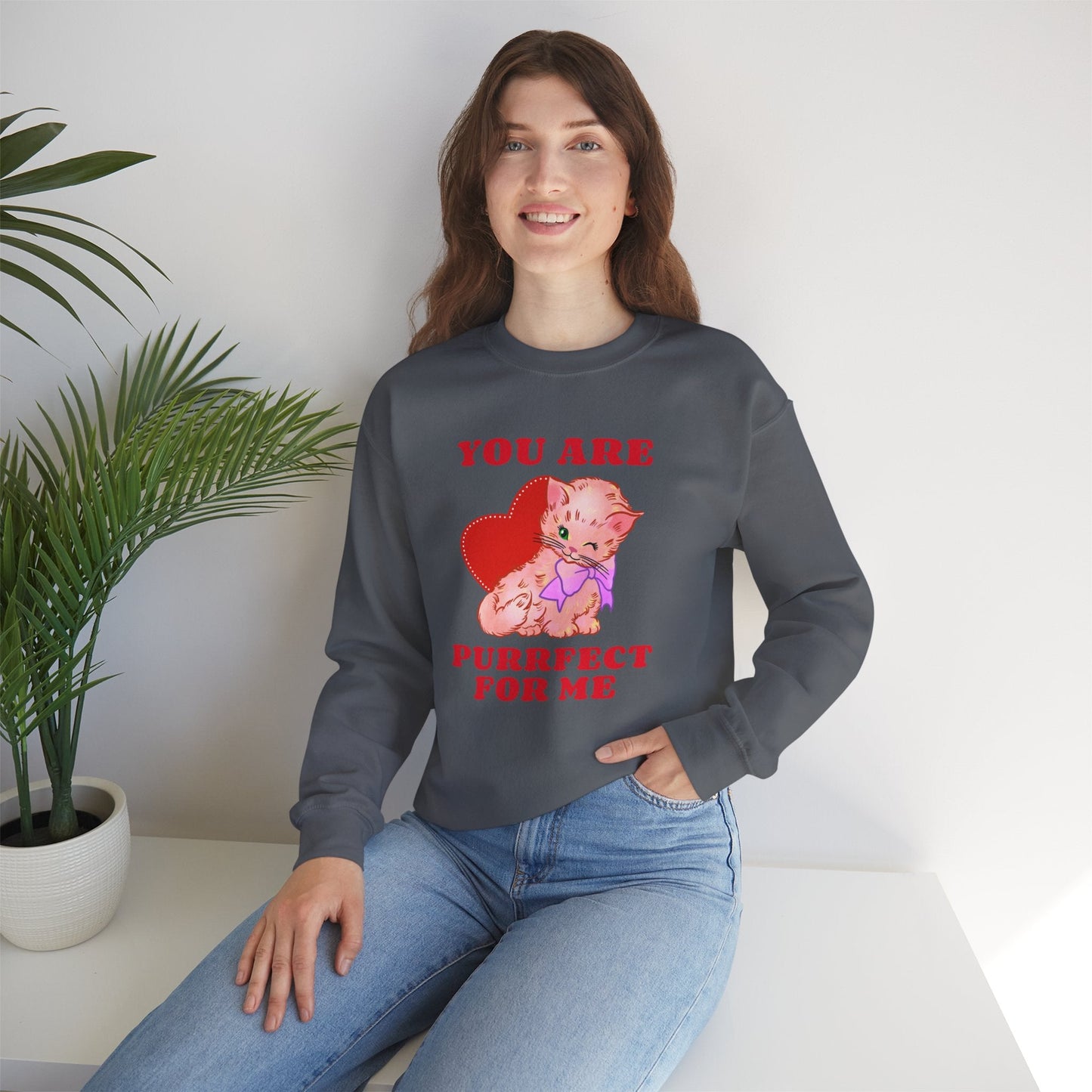 Cat Heart Sweatshirt Unisex Valentines Day Fifty Fifty Cotton Poly Blend Crewneck