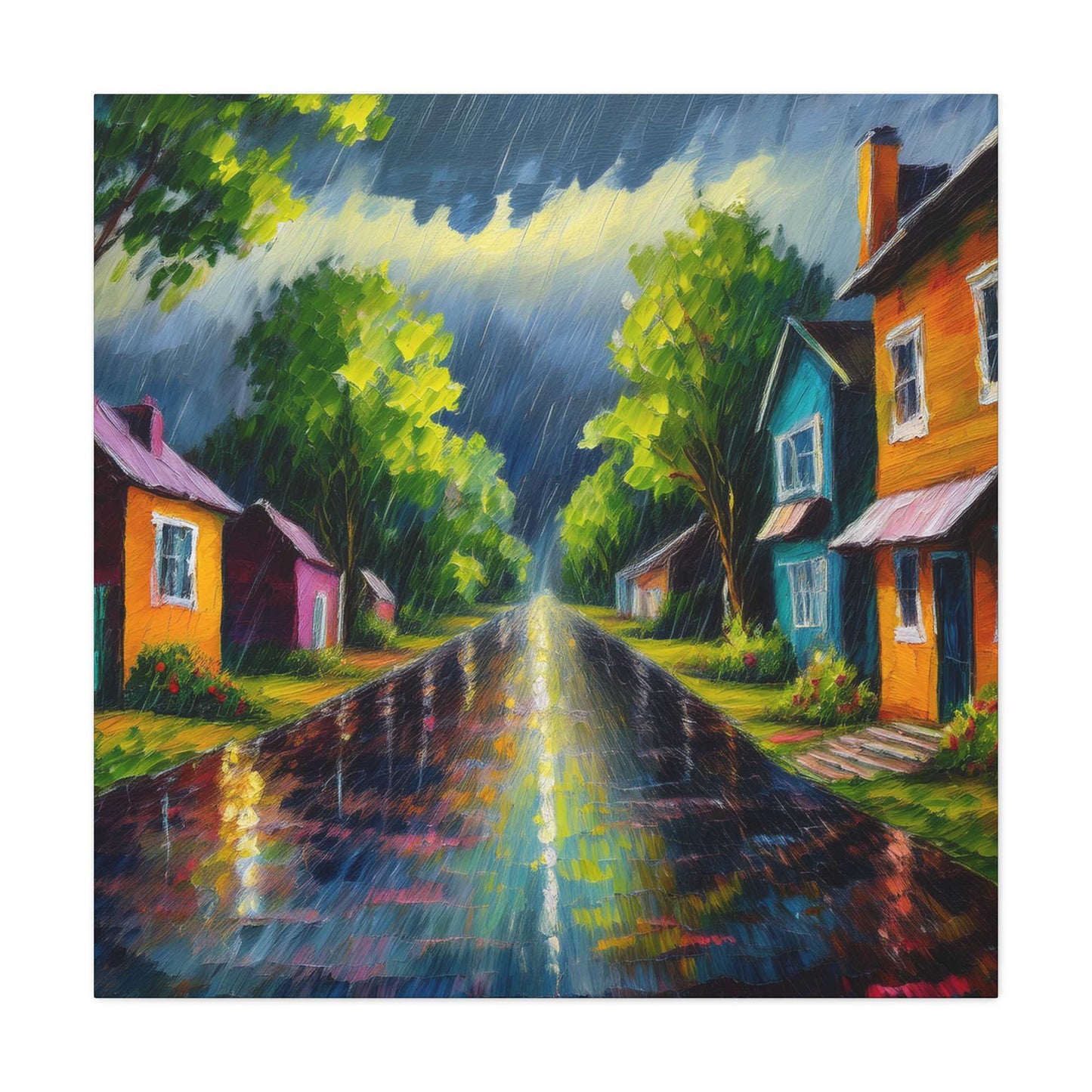 Rainy Village Street Canvas, Matte Oil Paint Print 20x20, 24x24, 30x30, 32x32, 36x36, Art Design Print Non-Frame MC-2