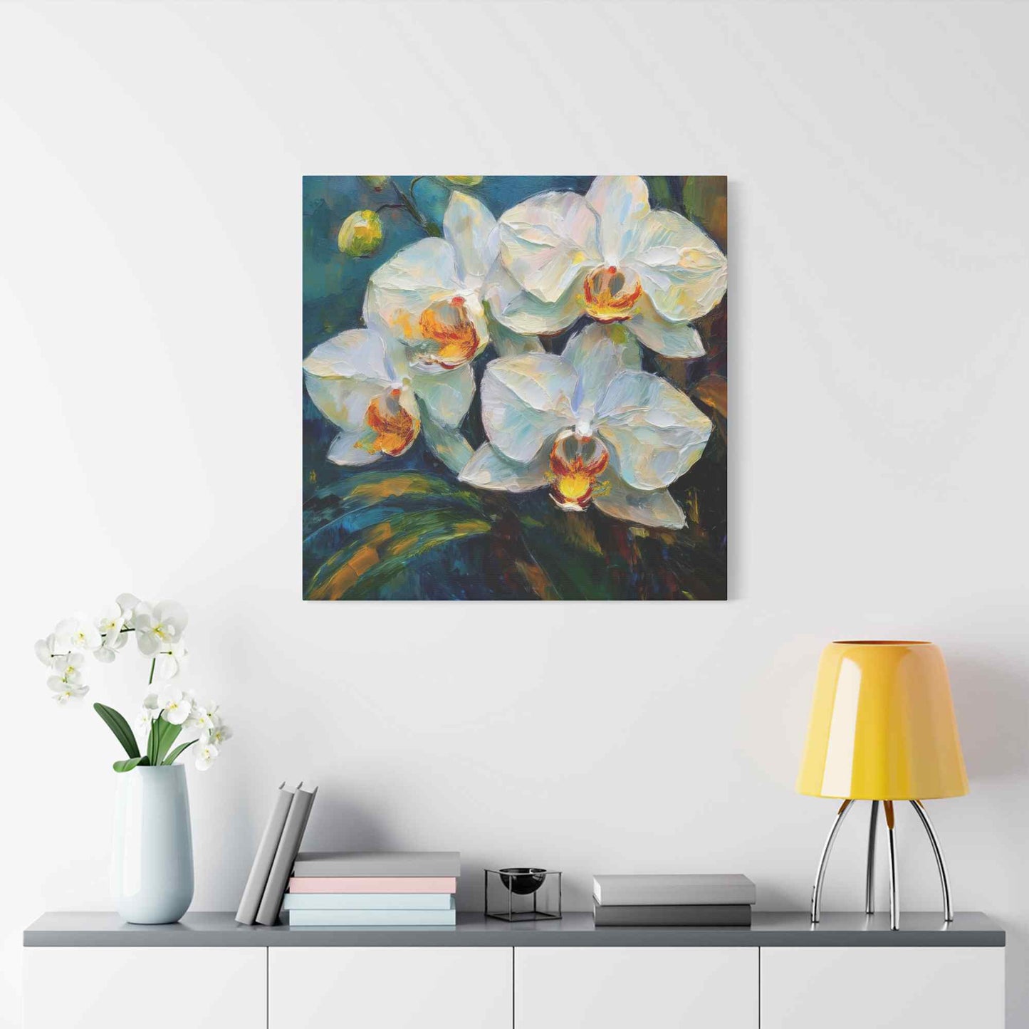 White Orchids Print Canvas, Floral Oil Paint Print 20x20, 24x24, 30x30, 32x32, 36x36 Art Design Pine-Wood Inner Frame MC-135