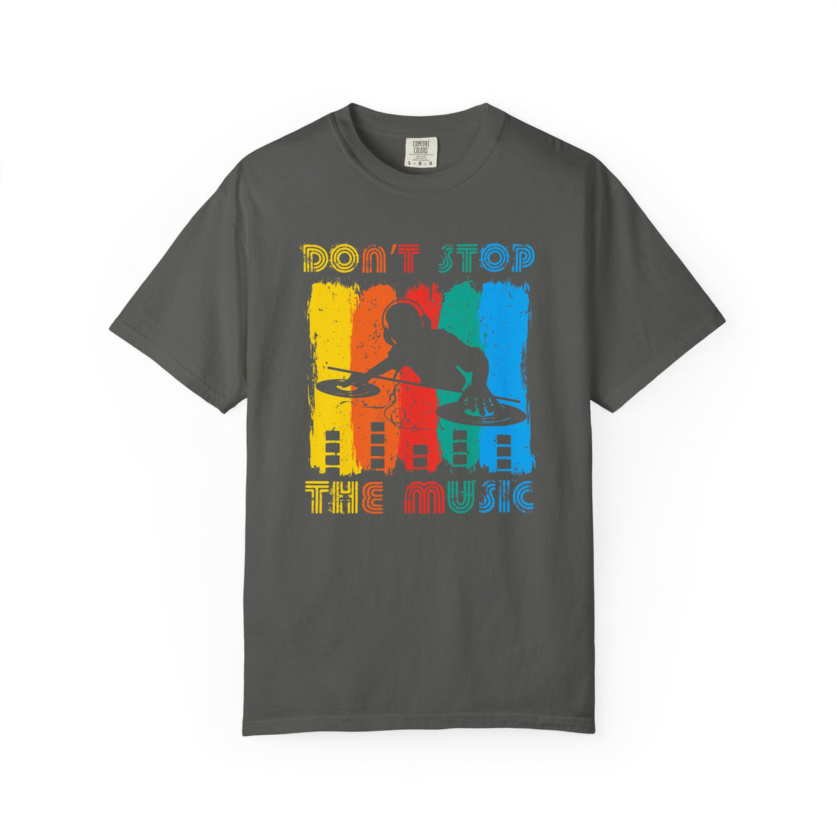 Don t Stop the Music DJ Silhouette T-Shirt Retro Rainbow Turntables Unisex Cotton Tee 014